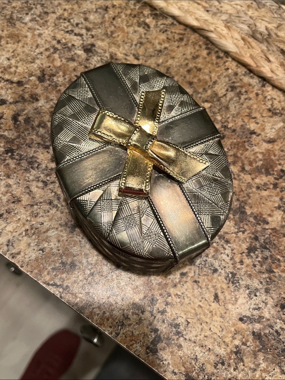 Oval Decorative Trinket Box with Gold Bow - Metallic Gray